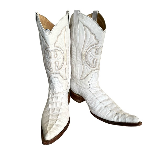 Arango White Leather Cowboy Boots Faux Crocodile Western Boots Unisex - Picture 1 of 17